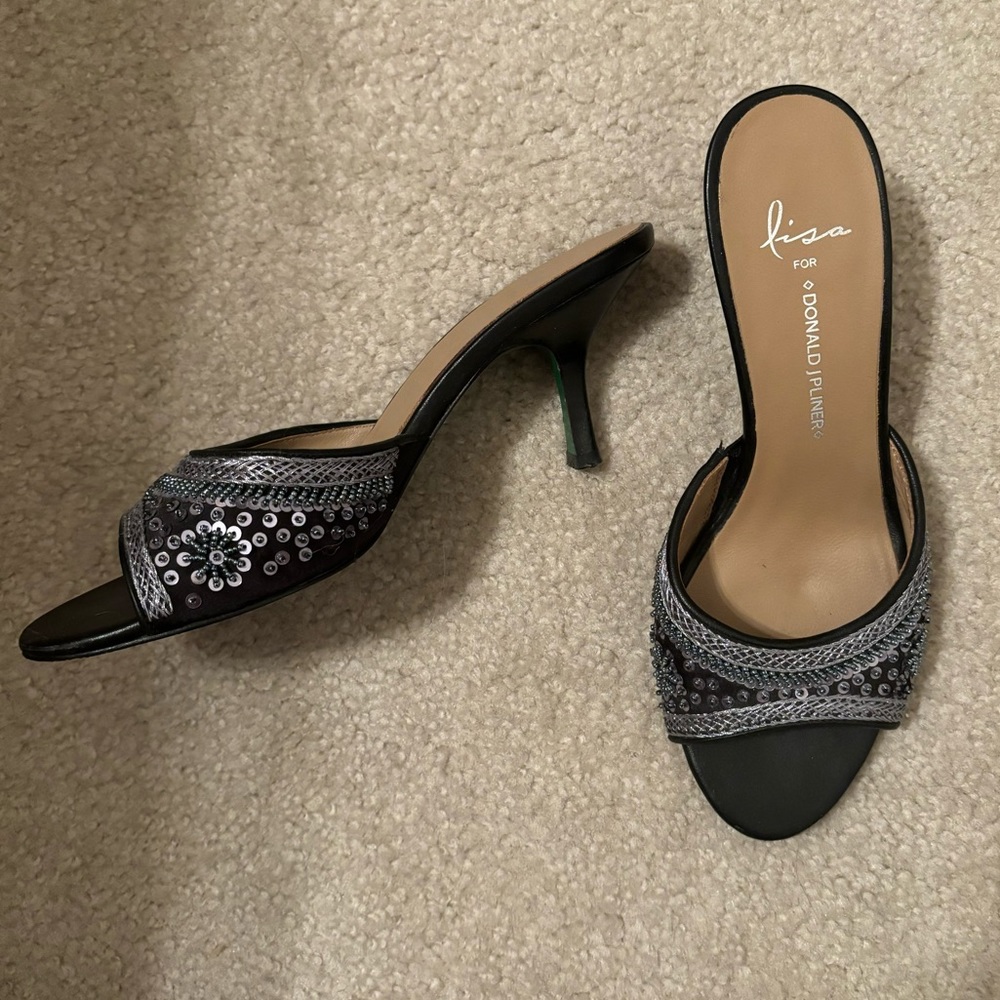 VTG Y2K Donald J Pliner Sequin Peep Toe Kitten Heels silver Dior Style Size 7M